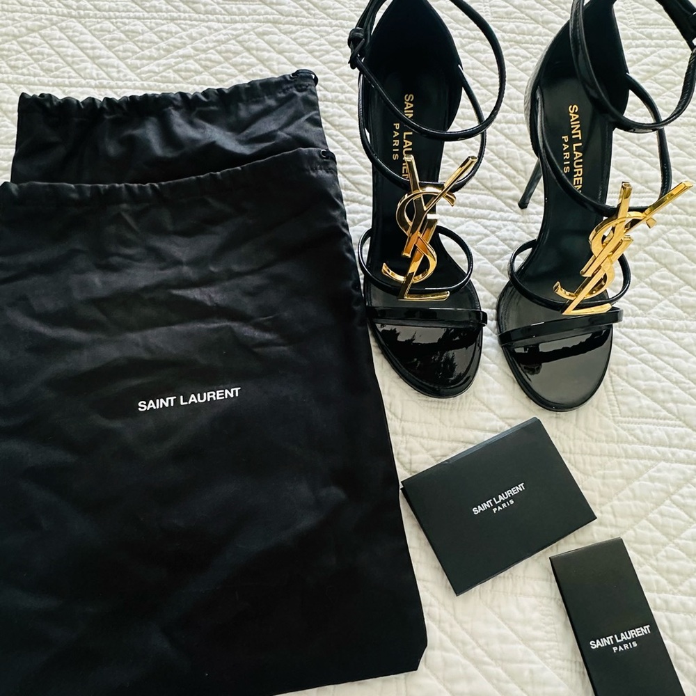 Saint Laurent Glossy Black Heels with Gold Logo